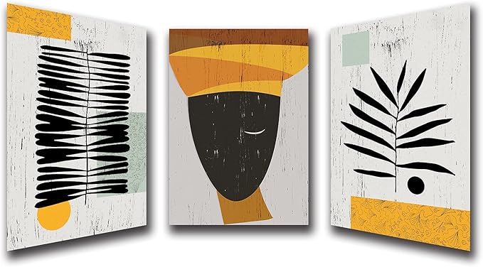 Framed Canvas Wall Art African Ethno Motive Wall Art Set, Abstract Ethno Art, African American Woman Portrait, Black Orange Print, Contemporary Collage, Minimalist (A-3pcs,12x16inchx3pcs)