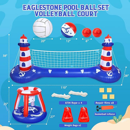 EagleStone Pool Volleyball Net &Basketball Hoop Inflatable Pool Floats Toys Swimming Water Games for Adults and Kids 8-12 Teens Volleyball Court Poolside Floaties