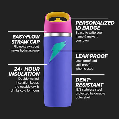 Gatorade 'Overtime' 22oz Stainless Steel Water Bottle, Straw Cap, Purple/Pink