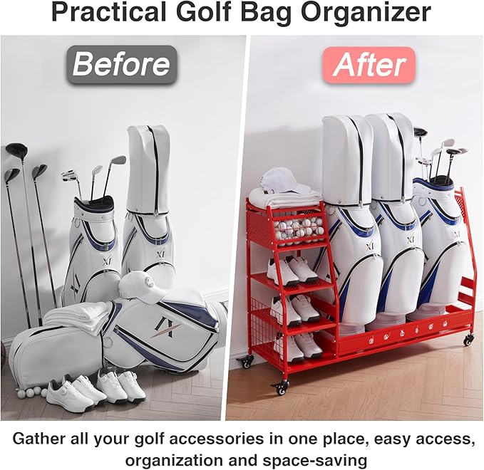 Lauren&Harold Golf Bag Organizer Garage Storage, Golf Storage Rack Stand Fits 2 Golf Bags, Golf Clubs and Other Golfing Equipment Accessories, Golf Organizer for Garage, Club, Shed, Basement