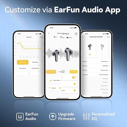 EarFun Air Pro 3 Noise Cancelling Earbuds, Qualcomm® aptX™ Adaptive Sound, 6 Mics CVC 8.0 ENC, Bluetooth 5.3 Earbuds, Multipoint Connection, 45H Playtime, App Customize EQ, Wireless Charging