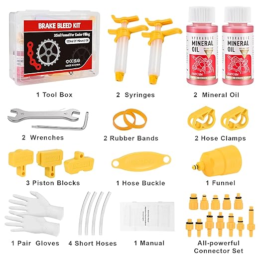 Brake Bleed Kit for Shimano, TEKTRO, TRP, SRAM/MAGURA/Formula/Hope, Hydraulic MTB Brake Bleed Kit for Shimano with M4-M7 Adapter, High Performance Mineral Oil Brake Fluid (2 * 60ml)