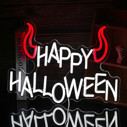 Happy Halloween Neon Sign - Dimmable LED Red Little Corner Light for Wall Decor - USB Powered for Halloween Decoration, Home Spooky Party, Bedroom Decor