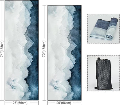 QiyI Yoga Mat Towel with Corner Pockets, Non Slip Sweat Absorbent Hot Yoga Towels, Soft Yoga Blankets with Travel Bag, Skidless Mat Cover for Workout, Gym, Fitness - 70"x26", Watercolor Mountain