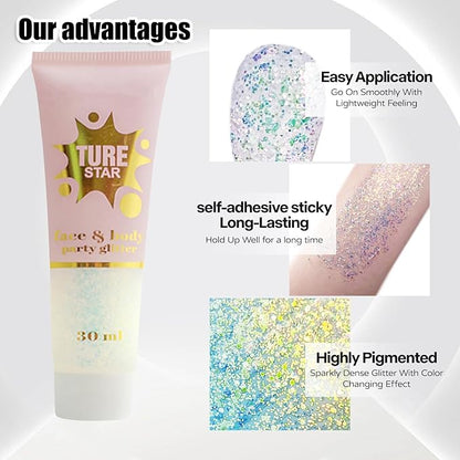 Go Ho Chameleon Gold Body Glitter Gel,Color Changing Mardi Gras Face Glitter,Holographic Fine Chunky Sequins Glitters,Reflective Sparkly Festival Rave Accessories