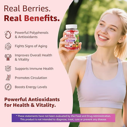 Fruit and Veggie Supplement, Super Greens & Reds Gummies w/40+ Superfoods, Multivitamin, Polyphenol, Spirulina Chlorella, Beet Root Powder Alternative, Support Energy Antioxidants & Gut Health, 120Cts