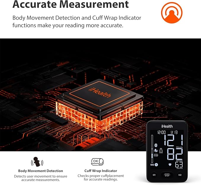 iHealth Accu Blood Pressure Monitor – 4.5" Large LCD, Clinically Accurate, Irregular Heartbeat Alert, Body & Cuff Detection, Bluetooth Sync, Adjustable Large 8.6"–17" Cuff– Easy for Seniors & Adults