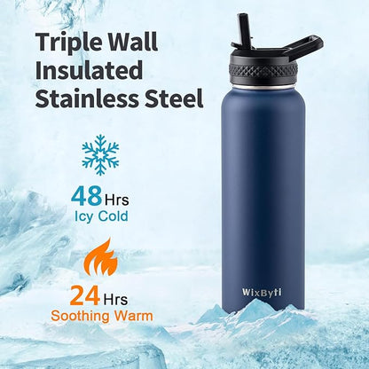40 oz Insulated Water Bottle with Straw (Cold for 48 Hrs), Stainless Steel Triple Wall Vacuum Sports Water Jug, Leakproof Hydro Cup Flask with Paracord Handle & Straw Spout Lids & DIY Stickers