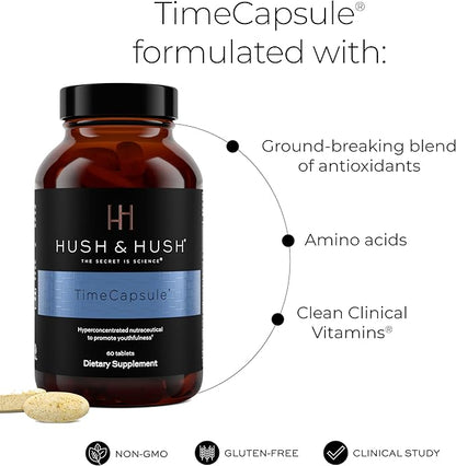 Hush & Hush TimeCapsule Multivitamin, Women's Multivitamin, Men's Multivitamin, Clean Nutraceuticals Supplements That Contains Hyaluronic Acid, Vitamin C, Zinc, Vitamin B12, Vitamin E - 60 Tablets