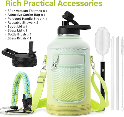 Insulated Water Bottle | Thickened Stainless Steel Vacuum Metal | Portable Sports Half Gallon Large Water Jug for Gym and Hiking with Straw, Carrier Bag, Handle Strap | BPA-Free 64 oz