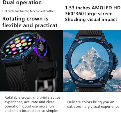 LC18 Smart Watch with Earbuds 1.53 Inch Round Smartwatch Built-in Wireless Bluetooth Headphones Health Monitor Speaker Fitness Tracker 128M Local Music Player (Black Silicone+Steel)