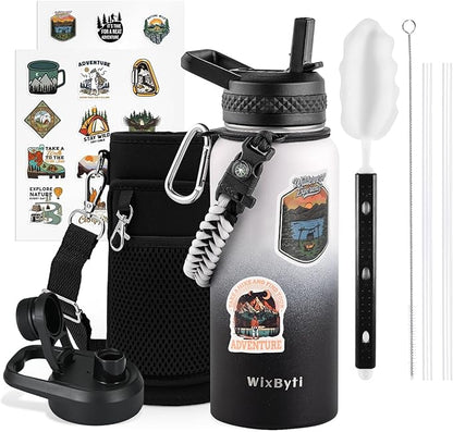32 oz Insulated Water Bottle with Straw (Cold for 48 Hrs), Stainless Steel Triple Wall Vacuum Sports Water Jug, Leakproof Hydro Cup Flask with Paracord Handle & Straw Spout Lids & DIY Stickers