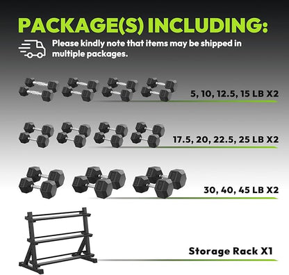 Hex Dumbbell Sets with Rack, 290-670 lb Rubber Encased Exercise & Fitness Dumbbells Set, Hand Weight for Strength Training, Weight Dumbbells