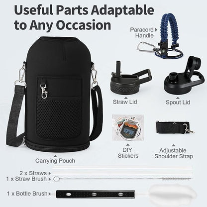 64 oz Insulated Water Bottle with Straw (Cold for 48 Hrs), Half Gallon Stainless Steel Triple Wall Vacuum Sports Water Jug, Leakproof Hydro Cup Flask with Straw Spout Lids & DIY Stickers