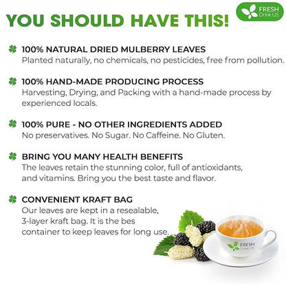 FreshDrinkUS, Permium 8oz Mulberry Leaves, 100% Natural & Pure from Mulberry Leaves, Mulberry Leaf Tea, Mulberry Loose Leaf Herbal Tea, No Additives, No Caffeine, Vegan