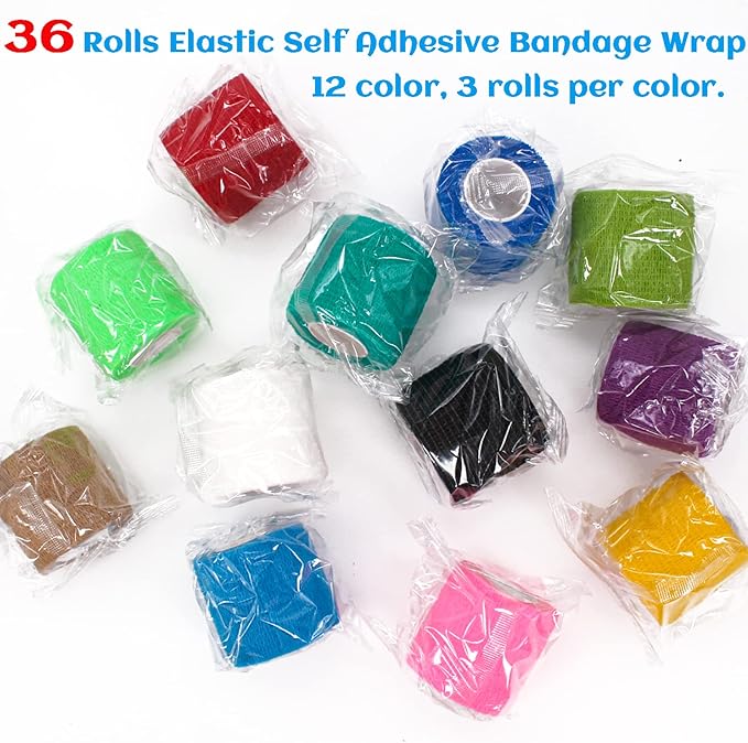 36 Rolls Elastic Self Adhesive Bandage Wrap 2 Inch, Breathable Non Woven Cohesive Bandage, Vet Wrap for Dogs, Ankle Sprains Swelling Medical First Aid Tape, Sports Athletic Tape Color