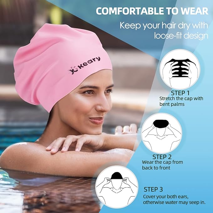 Keary Extra Large Swim Cap for Braids and Dreadlocks Extensions Weaves Long Hair, Waterproof Silicone Cover Ear Bath Pool Shower Swimming Cap for Adult Youth to Keep Hair Dry, Easy to Put On and Off