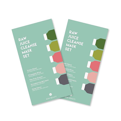 ESW Beauty Raw Juice Face Masks - 10-Pack Variety Set - Hydrating, Anti-Aging, Moisture Repair, Pore Control, Soothing & Revitalizing with Watermelon, Kale & Charcoal