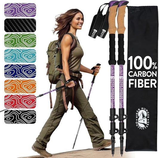 100% Carbon Fiber Trekking Poles by USA Brand - Ultra Strong Lightweight Collapsible Hiking Poles with Cork and EVA Foam Grips & Quick Adjustable Flip Locks
