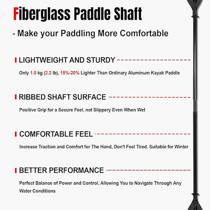Kayak Paddles with Fiberglass Shaft and Reinforced PP Blade, Floating Adjustable Kayaking Oars, 3 Piece, 220-240 cm/86-94 Inches, 240-260 cm/94-102 Inches
