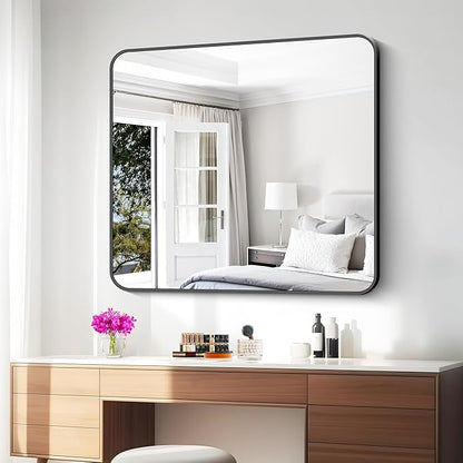 36x40 inch Bathroom Mirror,Black Rectangle Mirror,Wall Mounted Bathroom Frame Vanity Mirror with Round Corner for Bedroom Living Room,Entryway Hangs Horizontal or Vertical