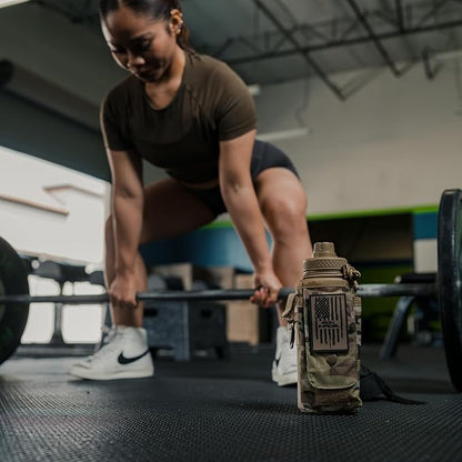 Iron Infidel Battle Bottle - 32 Oz Insulated Water Bottle with Straw Lid & Chug Cap, Stainless Steel Metal Tactical Flask With Rugged, Removable Sleeve for Keys & Phone or Wallet (OCP Camo 1 Liter)
