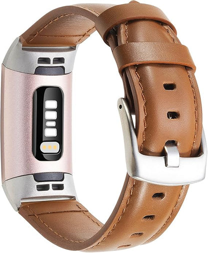 Leather Bands Compatible for Fitbit Charge 4/ Charge 3/ Charge 3 SE Fitness Tracker, Genuine Leather Band Replacement Strap Wristband Accessories for Women Men
