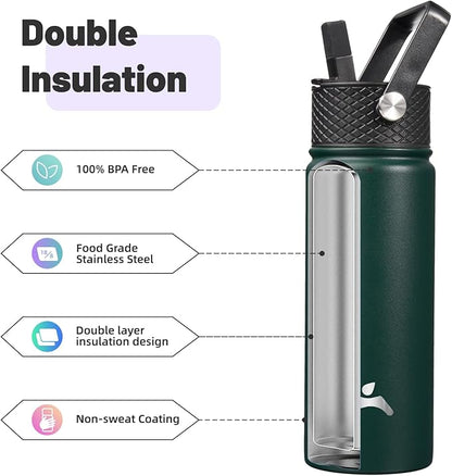 18 oz Insulated Water Bottle Stainless Steel Sport Bottles with 3 Lids,Army Green