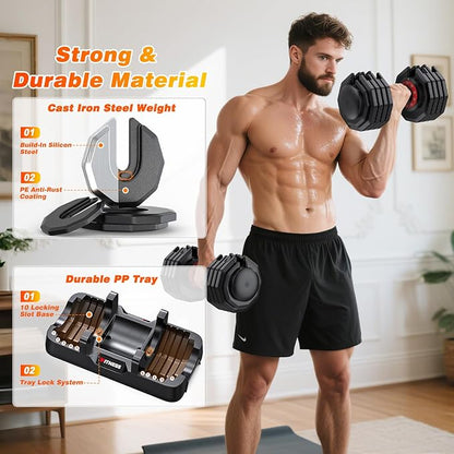 XDDIAS Adjustable Dumbbell Set of 2, 25/55/80LB Dumbbell Set-1Sec Adjustable Weights-5/10 in 1 Free Weights Dumbbells Set with Effortless Tray/No-Slip Handle-Compact Size for Women/Men at Home Gym