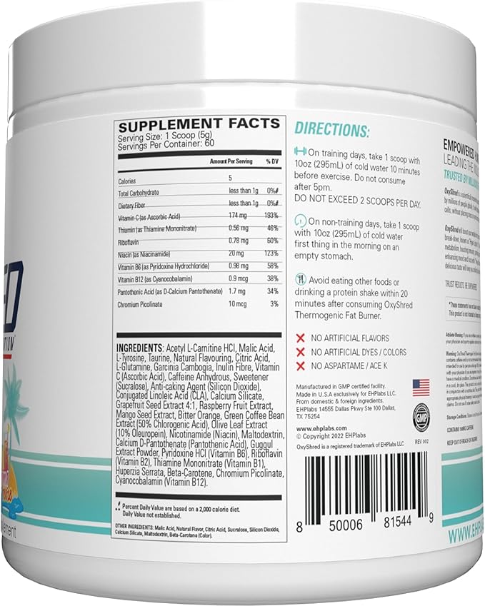 EHP Labs OxyShred Pre Workout Powder - Preworkout Powder with L Glutamine & Acetyl L Carnitine, Energy Boost Drink - Bahama Breeze, 60 Servings