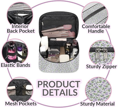 Large Makeup Bag Travel Cosmetic Bags for Women Purple Vintage Bohemian Spring Flower Floral Makeup Organizer Case Toiletry Bag for Girls Traveling Wide Open Portable Pouch with Handle