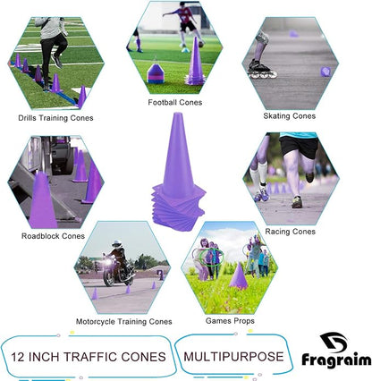 12 Inch Traffic Training Cones, Plastic Safety Parking Cones, Agility Field Marker Cones for Soccer Basketball Football Drills Training, Outdoor Sport Activity & Festive Events - 6 Colors
