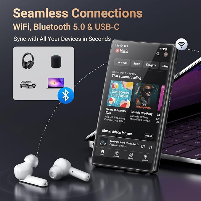 128GB MP3 Player with Bluetooth WiFi, Android 13 OS MP3 & MP4 Player with 5" Touchscreen and Speaker, 4GB RAM & 128GB ROM, Spotify Music Player with Audible, FM Radio, Amazon Music, Play Store