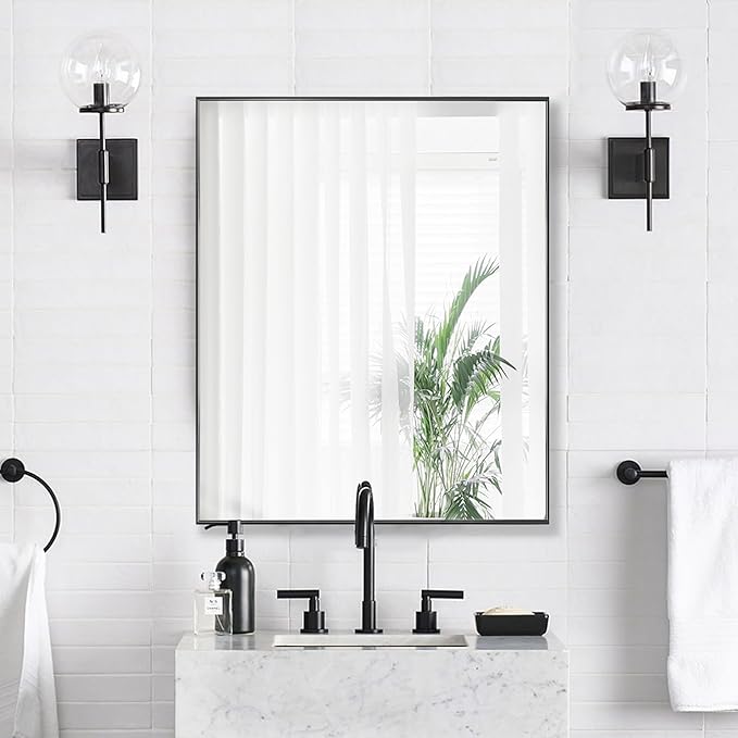 24x30 Inch Black Bathroom Mirror for Wall, Aluminum Frame Rectangle Rectangular Vanity Mirror, Modern Large for Bedroom, Living Room, Horizontal or Vertical