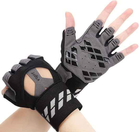 Fingerless Fitness Gloves with Wrist Support for Men - Ideal for Gym, Workout & Weight Lifting, Sports Gloves with Padded Design, Excellent Grip and Cushion Pads