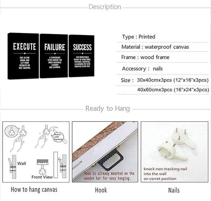 Framed Canvas Wall Art Success Quote For Office, Black Large Positive Motivational Poster, Set of 3, Execute Failure Definition, Inspirational Print (A-3pcs,12x16inchx3pcs)