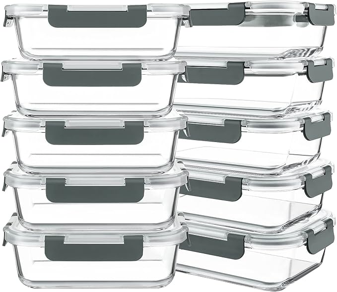 10 Packs 30 oz Glass Meal Prep Containers,Glass Food Storage Containers with Lids,Airtight Lunch Bento Boxes,Microwave,Freezer and Dishwasher,Gray