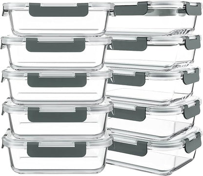 10 Packs 30 oz Glass Meal Prep Containers,Glass Food Storage Containers with Lids,Airtight Lunch Bento Boxes,Microwave,Freezer and Dishwasher,Gray