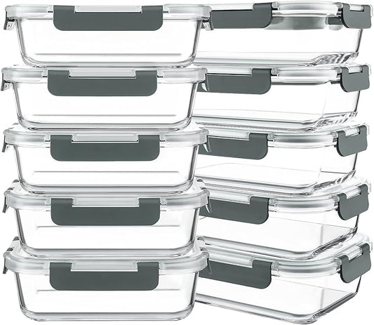 10 Packs 30 oz Glass Meal Prep Containers,Glass Food Storage Containers with Lids,Airtight Lunch Bento Boxes,Microwave,Freezer and Dishwasher,Gray
