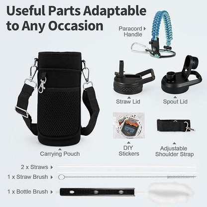 40 oz Insulated Water Bottle with Straw (Cold for 48 Hrs), Stainless Steel Triple Wall Vacuum Sports Water Jug, Leakproof Hydro Cup Flask with Paracord Handle & Straw Spout Lids & DIY Stickers