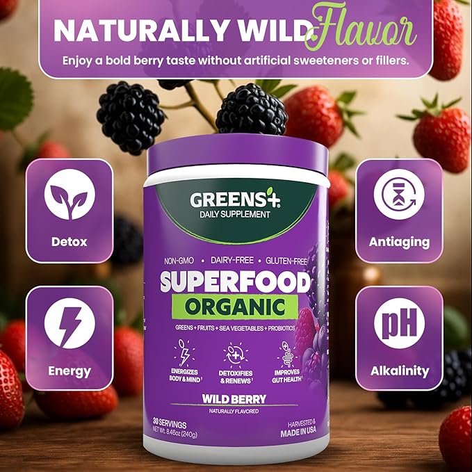 Greens+ Organic Wild Berry Superfood Powder, Antioxidant Polyphenol, Blend for Morning Kick, Energy, Vitality Boost, Nutrition, Vibrant Health, Dietary Supplement, Vegan Soy/Dairy/Gluten Free(8.46oz)