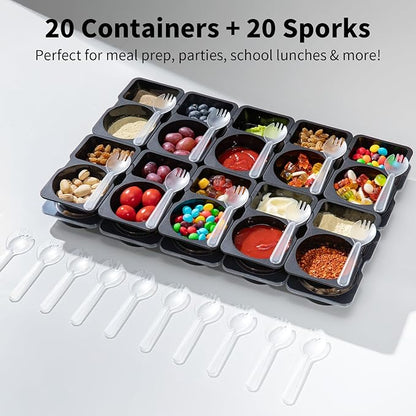 20 Sets Reusable Snack Containers with Lids & 20 Sporks – Double Compartment for Portion Control, BPA-Free Leak-Proof Dipping Containers for Meal Prep, Travel, and Outdoor Snacks (Black)