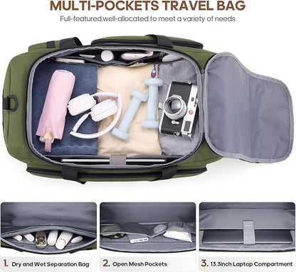 Gym Bag for Men and Women with Shoe & Laptop Compartment, 3-in-1 Sports Travel Duffel Bag Anti-Theft Weekender Carry-On Backpack for Airplane & Workout, Overnight Travel Bag,35L (Green, Medium)