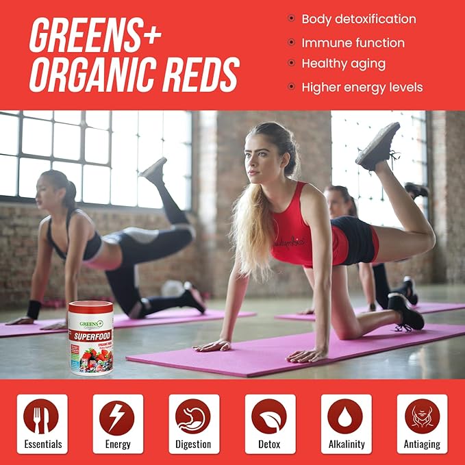 Greens+ Organic Reds Superfood Powder, Antioxidant, Polyphenol, Blend for Morning Kick, Energy, Vitality Boost, Nutrition, Vibrant Health, Vegan Soy/Dairy/Gluten Free(8.46oz)