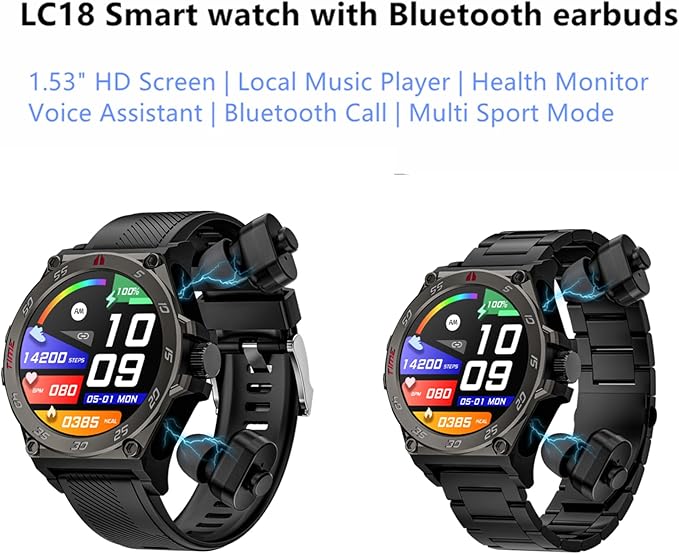LC18 Smart Watch with Earbuds 1.53 Inch Round Smartwatch Built-in Wireless Bluetooth Headphones Health Monitor Speaker Fitness Tracker 128M Local Music Player (Black Silicone+Steel)