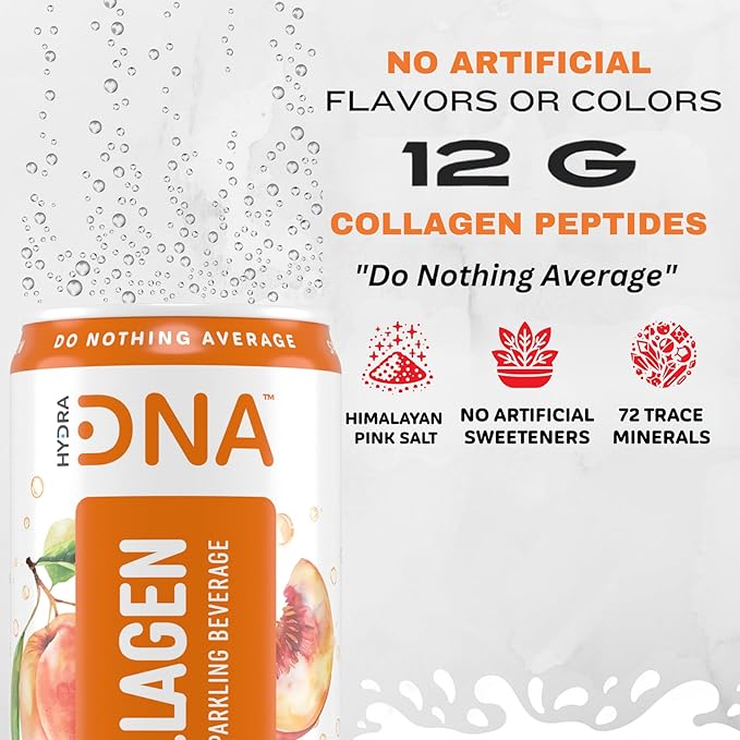 HYDRADNA- Sparkling Liquid Collagen Protein Water Drink Balanced Nutrients for Wellness - Sugar-Free - Keto-Friendly - No Gluten (12 Pack) Georgia Peach