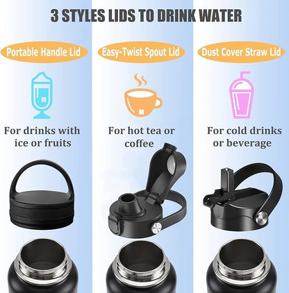 Water Bottle Insulated 32oz 40oz 64oz 128oz Straw Lid Spout Lid & 3 Lids, Leak Proof, Vacuum Insulated,Stainless Steel Water Bottle Wide Mouth for Sports, Gym or Office