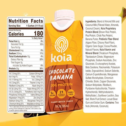 Koia Plant Based Protein Shake, Chocolate Banana, 20g Protein, 5g Sugar, 6g Prebiotic Fiber, 21 Vitamins & Minerals, Meal Replacement Drinks, Dairy-Free, Gluten-Free, Non-GMO, 11 Fl Oz (Pack of 12)