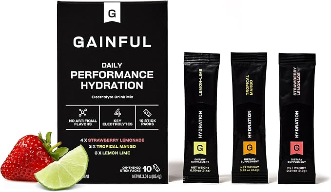 Gainful Hydration Packets Variety Pack, Decaffeinated with Key Electrolytes, Magnesium and Sodium, Energy Support, Low Sugar, 10 Sticks