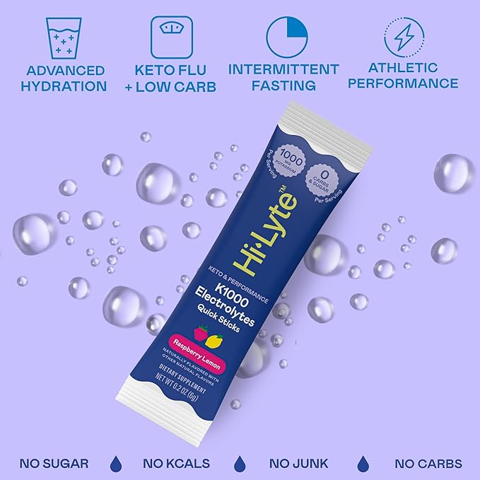 Hi-Lyte Keto & Performance - K1000 Electrolyte Quick Sticks - Raspberry Lemon - 1000mg Potassium, Magnesium, Calcium - Single-Serve Packets for Keto Hydration Support - No Sugar, No Carbs